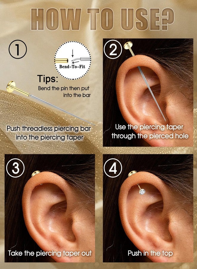 Florideco 18G Threadless Flat Back Earrings Hypoallergenic Push in Stud Earrings 14K Gold Plated 316L Surgical Steel Stud Hoop Earring Sets Cartilage Helix Conch Tragus Nose Piercing Jewelry - Image 5